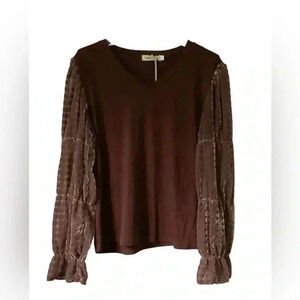 NWT Southern Grace BROWN TOP WITH BURNOUT VELVET SLEEVES Size Large